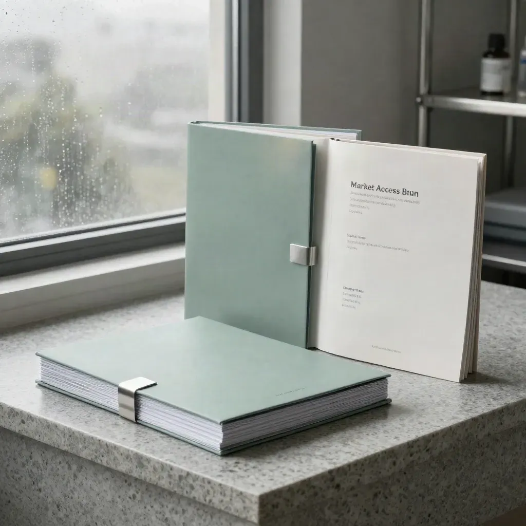 Luxury pharma strategy pack on travertine in soft morning light, with briefs and a sealed carton.