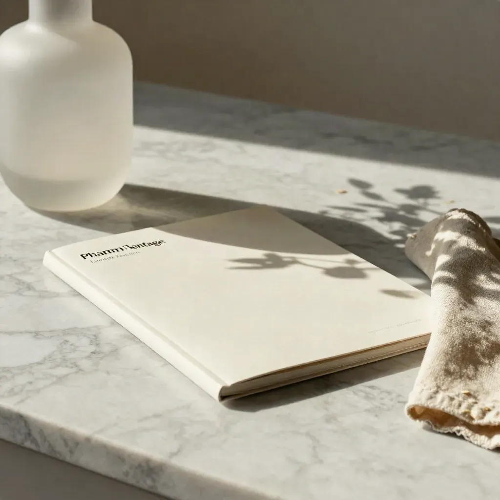 Frosted vessel and launch folio on a sunlit marble counter with soft plant shadow