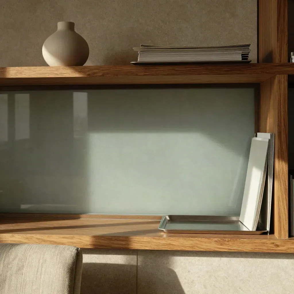 Warm walnut niche with frosted glass, linen chair edge, and ceramic form in soft afternoon light.