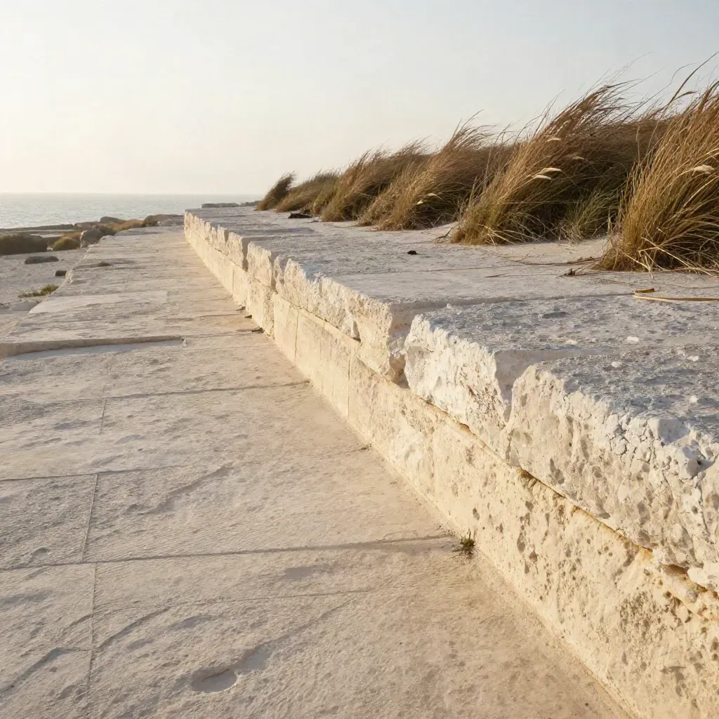 Coastal limestone terrace with dry grasses and sea haze under warm golden light.