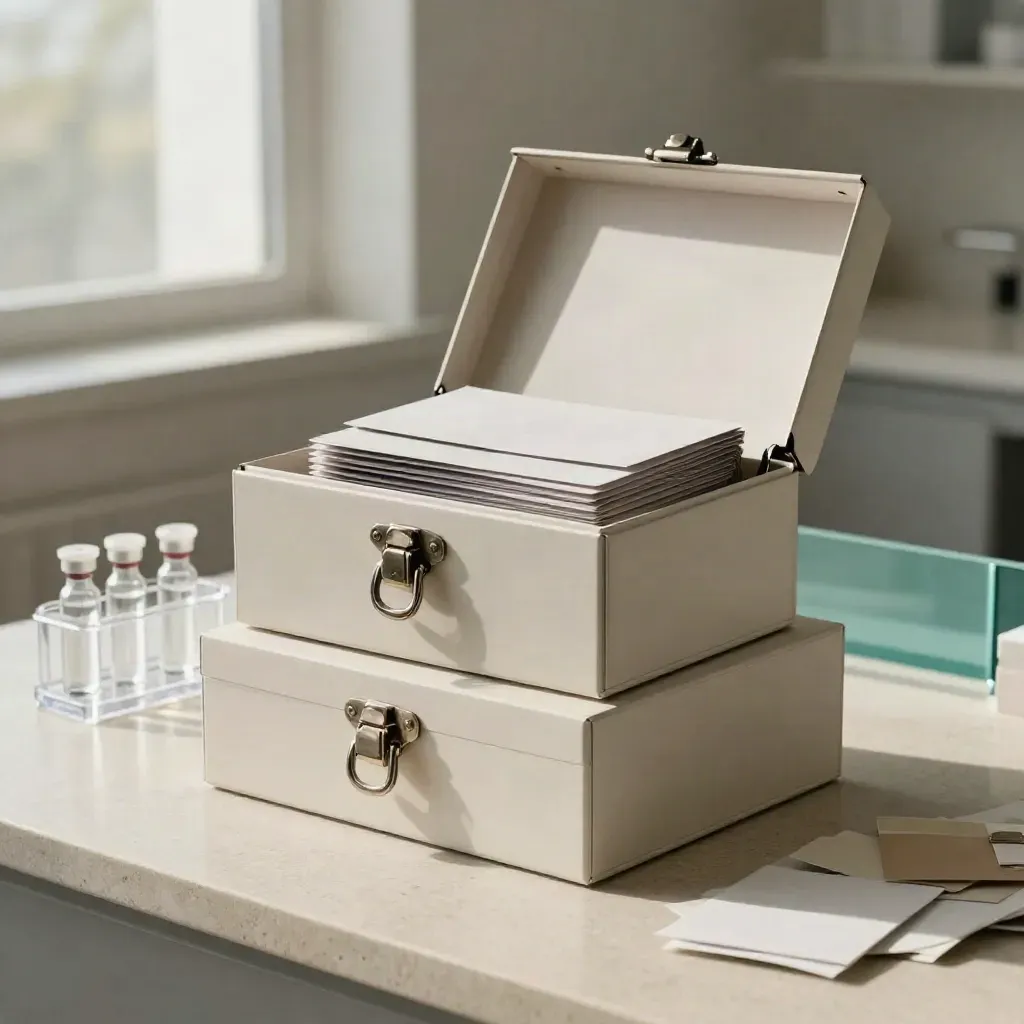 Open archive boxes with vial rack and inserts on a pale stone counter in soft window light.