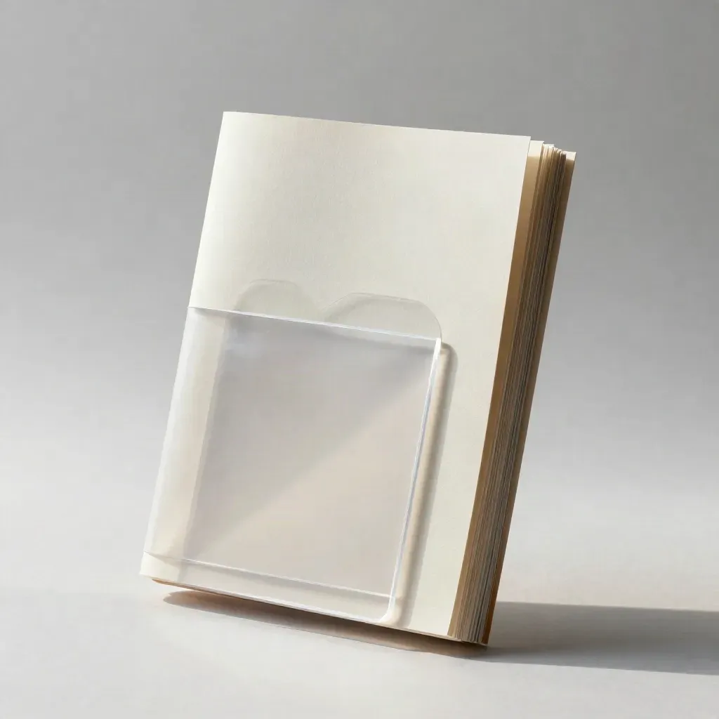 Bone-paper pre-IND folio with frosted dividers, sample pouch and acrylic spacer in a bright studio void.