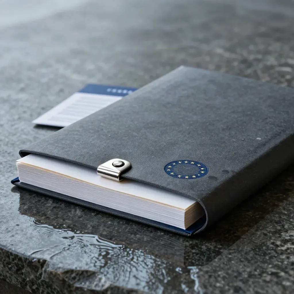 Charcoal dossier pack on wet stone with a silver clip, cool mist and a navy-edged insert.