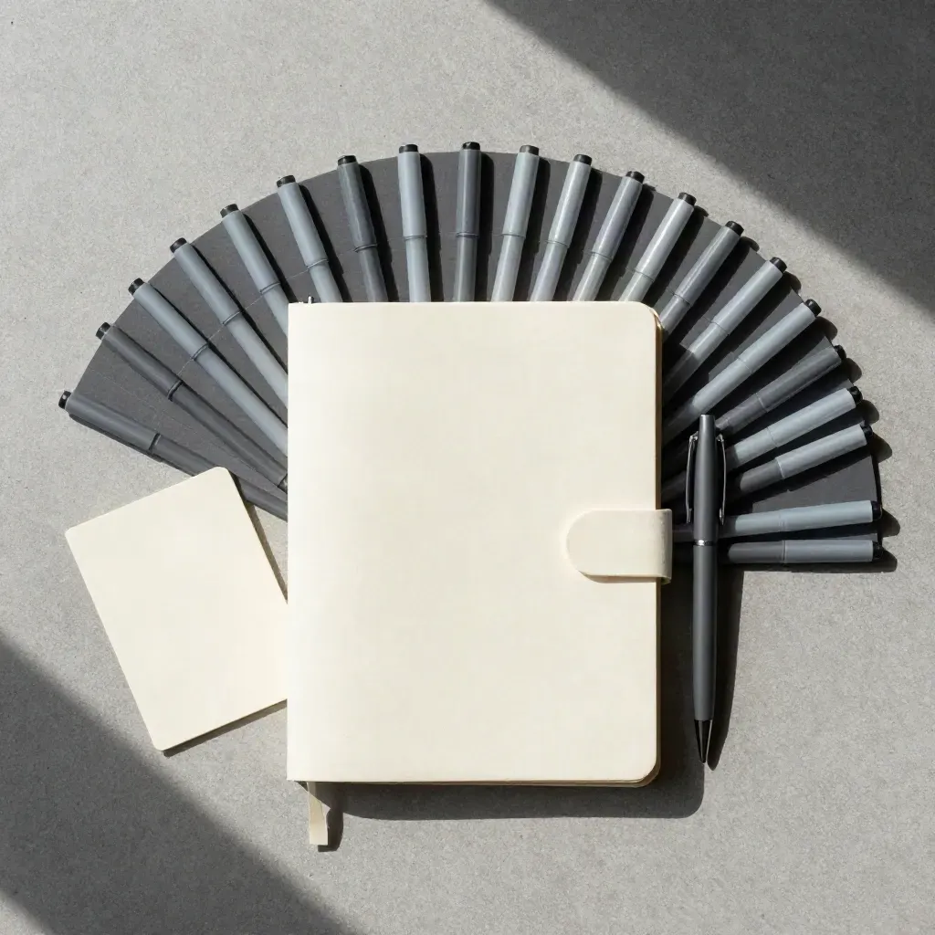 Overhead flatlay of a medical writing sprint kit on brushed concrete with ivory paper and graphite details.