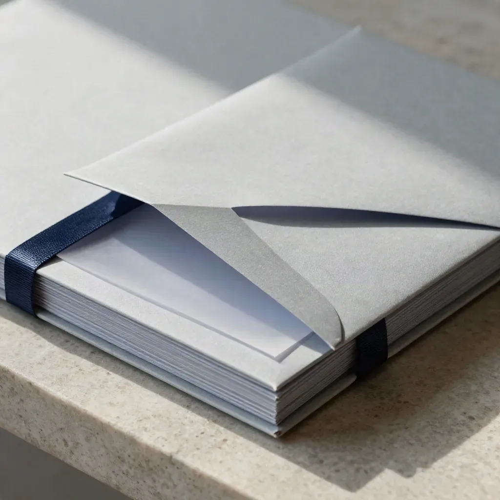 Macro of a pale grey plan packet with blank insert, navy ribbon tie, and frosted envelope on stone.
