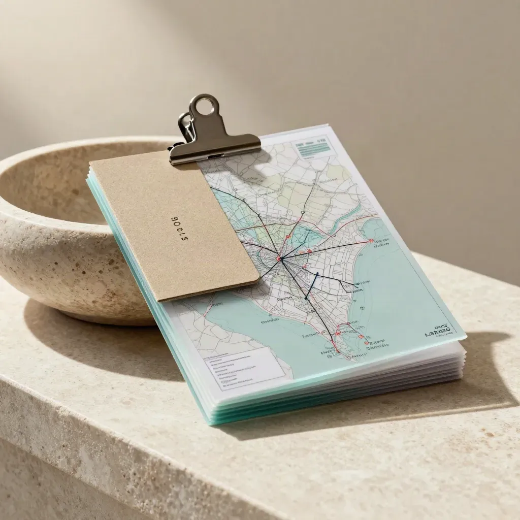 Market access folio with acetate sheets, stone bowl, and metal clip on travertine.
