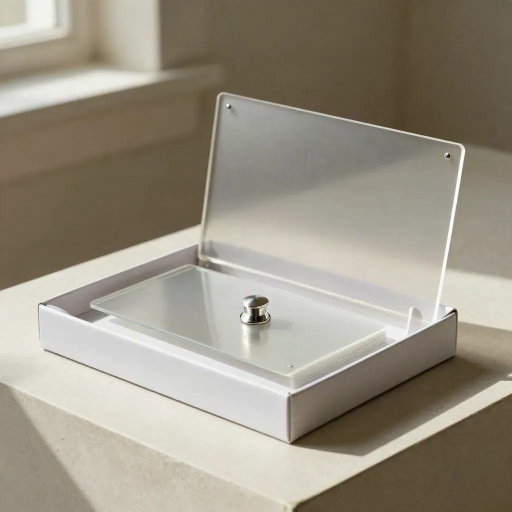 Open label review pack in a white box with acetate sleeves and a brushed metal weight on pale plaster.