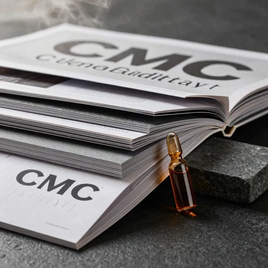Low-angle product shot of stacked CMC audit inserts, stone block, and amber vial in dramatic haze.