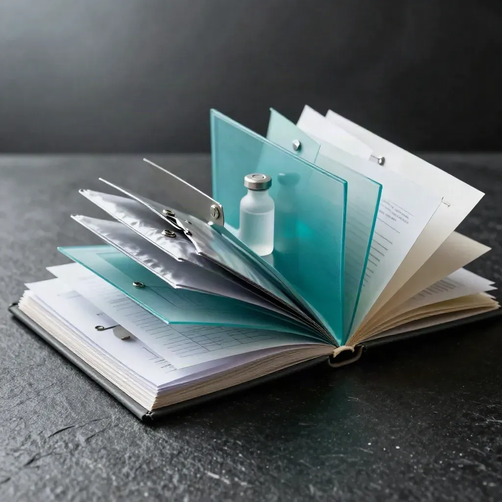 Open teal market-entry audit portfolio with frosted vial and silver fasteners on black stone.