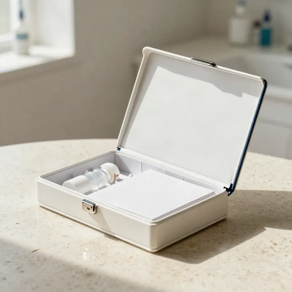 Off-white pharma brief case with dividers, frosted vial, and travertine surface.