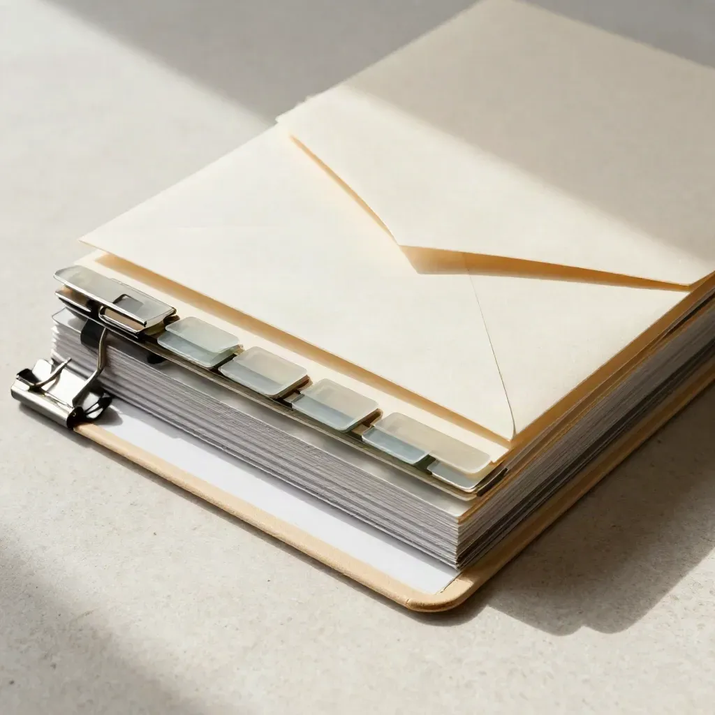 Overhead macro of a pale compliance folder with tabs, envelope and silver clip on stone.