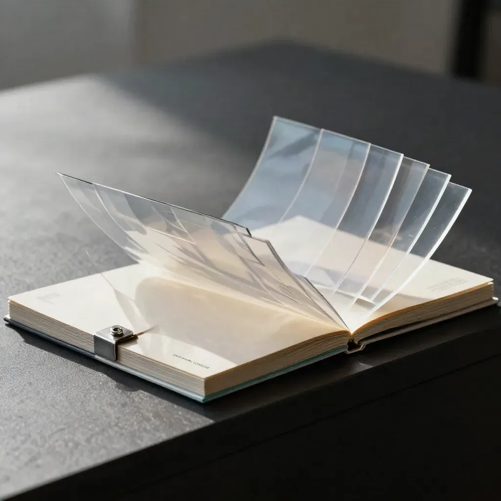 Payer story map folio with acetate layers, pale card block and metal clip on a dark ledge.
