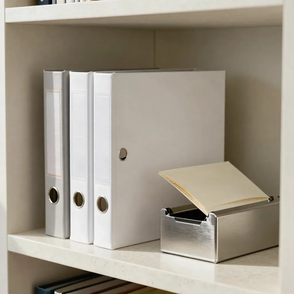Twin white binders with a blank divider and aluminum weight on a limestone plinth.