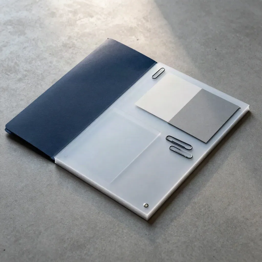 Overhead flatlay of a navy health tech paper kit with frosted sheets and graphite clips.
