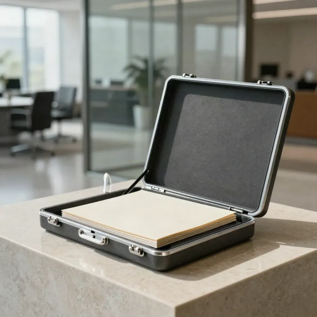 Open pharma consulting kit on pale stone with silver inserts and a glass object