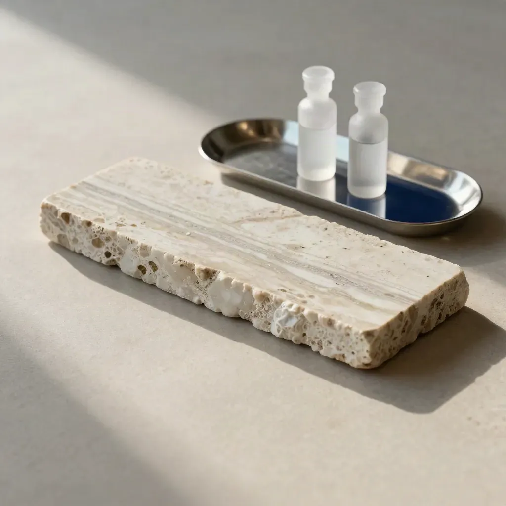 Travertine slab with water sheen, mineral ridge, and calm stone space for headline copy.